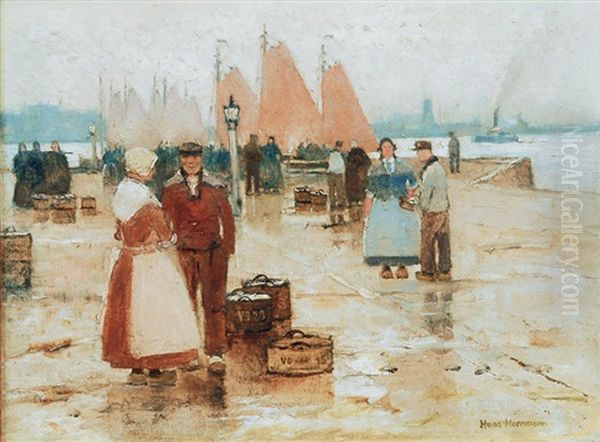 In A Dutch Harbour Oil Painting by Hans Herrmann