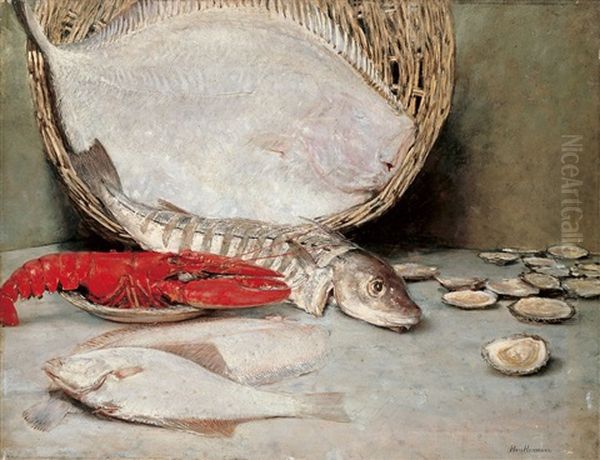 Stillleben Mit Fischen, Austern Und Hummer Oil Painting by Hans Herrmann