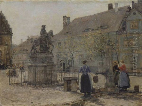 Der Marktplatz In Dusseldorf Mit Dem Reiterdenkmal Des Kurfursten Jan Wellem Oil Painting by Hans Herrmann