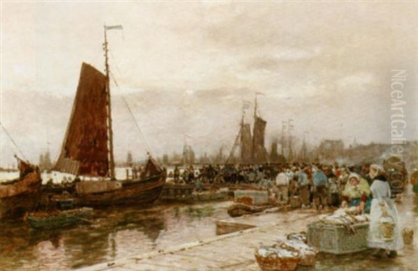 A View Of The Fish Market, Amsterdam Oil Painting by Hans Herrmann