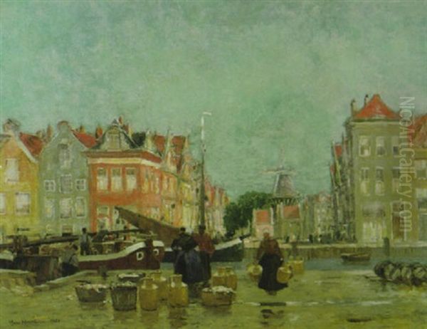 Fischerverkauf An Einer Hollandischen Gracht Nach Dem Regen Oil Painting by Hans Herrmann