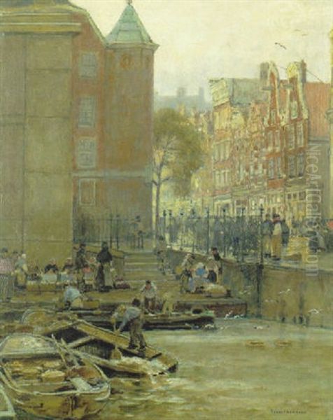 Lastschiffe Vor Der Waag Auf Dem Nieuwmarkt In Amsterdam Oil Painting by Hans Herrmann