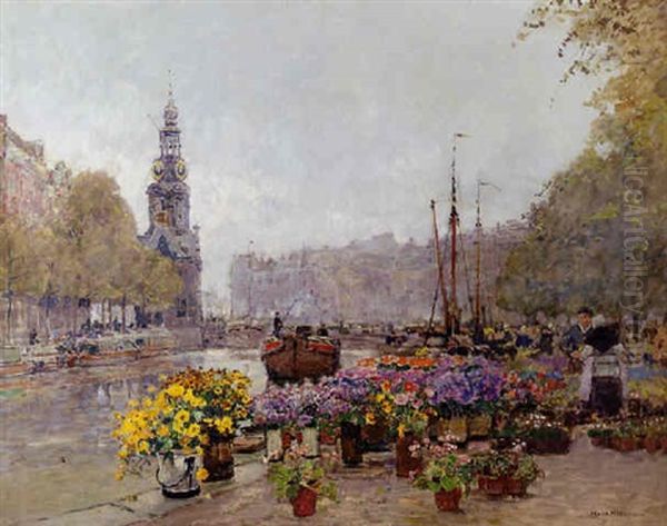 The Flower Market Along The Singel, Amsterdam, With The Muntorren Beyond Oil Painting by Hans Herrmann