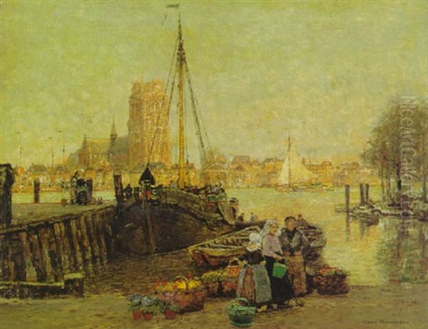 Quai Im Hafen Von Dordrecht Mit Einer Blumenverkauferin Oil Painting by Hans Herrmann