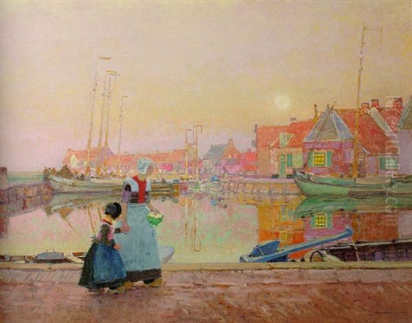 A Dutch Fishing Village At Dusk With Figures On A Quay Oil Painting by Hans Herrmann