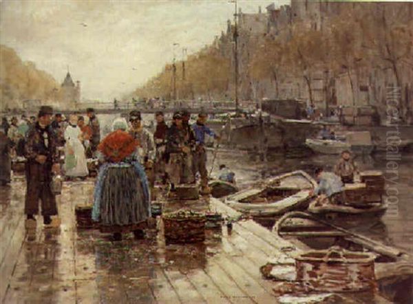 Fishermen On A Quay Oil Painting by Hans Herrmann