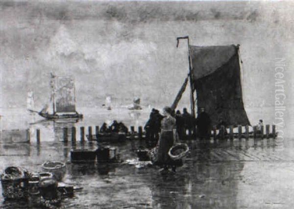 Fischer Am Hafenkai Erwarten Die Einlaufenden Boote Oil Painting by Hans Herrmann