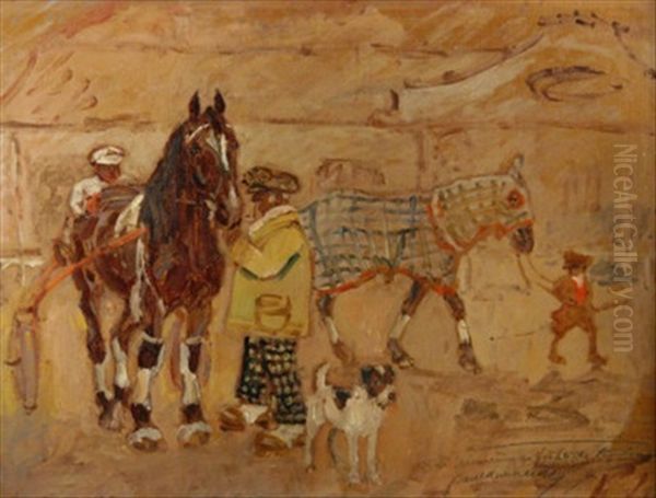 Auf Der Trabrennbahn. Herr Mit Pfeife Inspiziert Die Trensen Eines Pferdes Oil Painting by Paul Herrmann