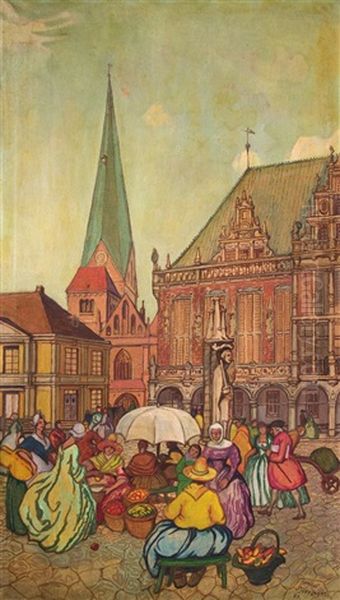 Markt Vor Dem Bremer Rathaus Oil Painting by Theodor Herrmann