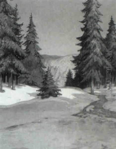 Schneeschmelze (sonnenbeschienene Waldlandschaft) Oil Painting by Theodor Herrmann