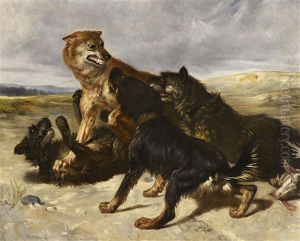 Combat De Chiens Oil Painting by Charles Herrmann-Leon