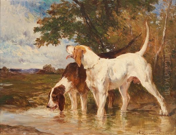 Zwei Hunde Am Wasser Oil Painting by Charles Herrmann-Leon