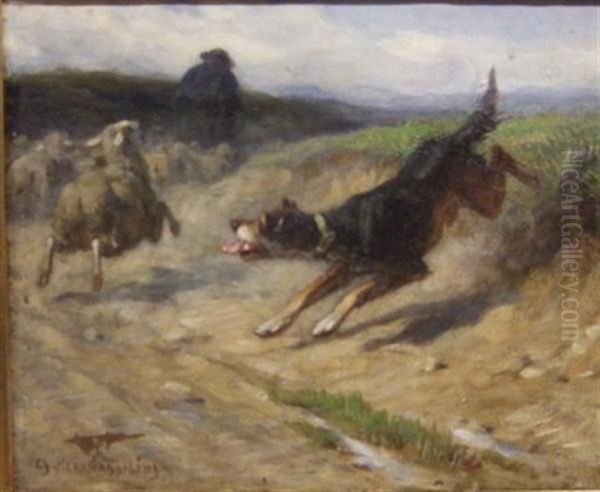 Chien Menant Son Troupeau Oil Painting by Charles Herrmann-Leon