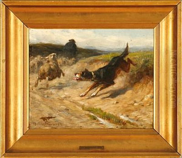 A Dog Chasing A Sheep Oil Painting by Charles Herrmann-Leon