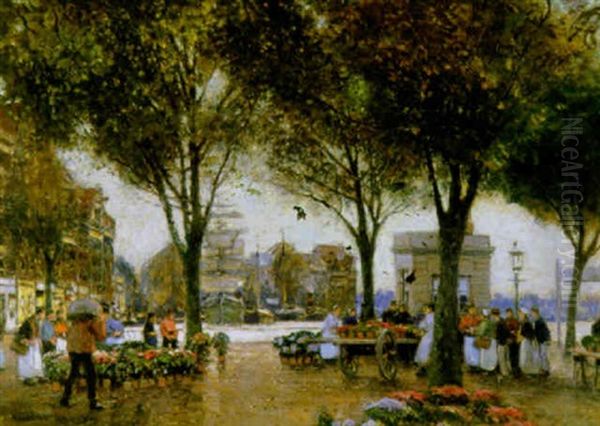 A Flower Market Oil Painting by Heinrich Herrmanns