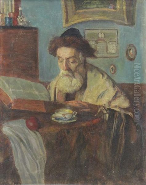 Rabbi With Book Oil Painting by Otto Herschel