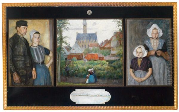 Father And Mother To The Left, Veere City Hall In The Centre, Two Daughters To The Right (triptych) Oil Painting by Otto Herschel