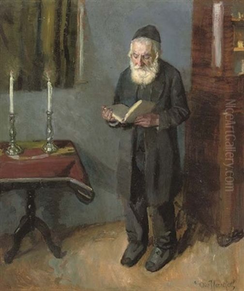 A Rabbi Reading Oil Painting by Otto Herschel