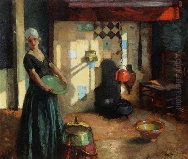 Farmer's Wife In A Kitchen Oil Painting by Otto Herschel