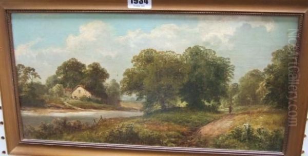 A Riverside Cottage Oil Painting by Thomas Stanley Barber