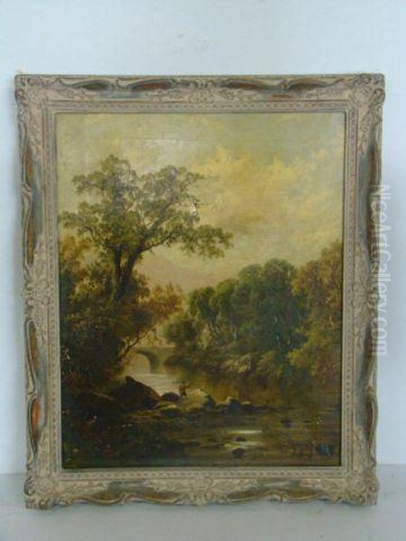 Beautiful Landscape Scene Depicting An
 Angler On Rocks Oil Painting by Thomas Stanley Barber