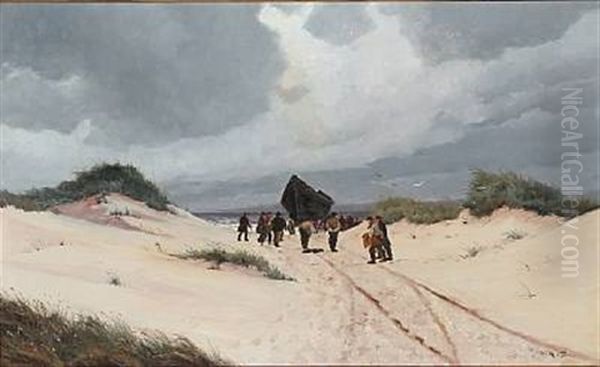 Beach Scene With Fishermen On Their Way Out With The Lifeboat Oil Painting by Oscar Herschend