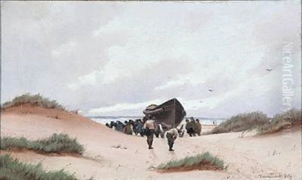 The Lifeboat Is Drawn Through The Dunes Oil Painting by Oscar Herschend