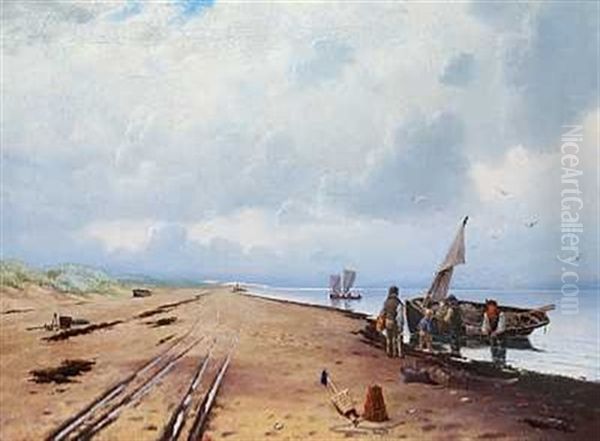 Fiskere Med Dagens Fangst Ved Deres Bad. Pa Strandbredden Ligger Sildehajer Oil Painting by Oscar Herschend