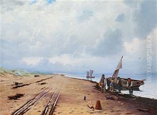 Fiskere Med Deres Fangst Ved Deres Bad. Pa Strandbredden Ligger Sildehajer Oil Painting by Oscar Herschend