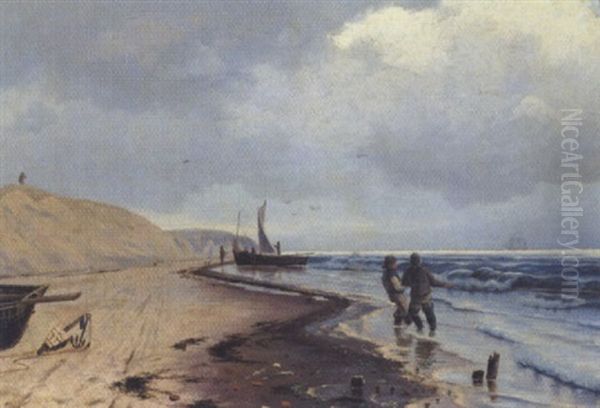 Strandparti Med Hoje Klitter, Fiskerbade Og Arbejdende Fiskere Oil Painting by Oscar Herschend