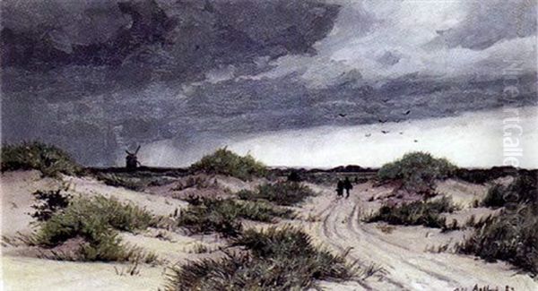 Parti Fra Klitterne Ved Aalbaek, Med Gaende Pa En Sti Samt Molle I Baggrunden Oil Painting by Oscar Herschend