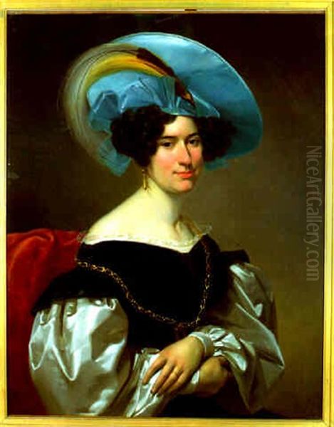 Portrait D'une Jeune Femme Au Chapeau Bleu Garni D'un Oiseau De Paradis Oil Painting by Francois Etienne Hersent