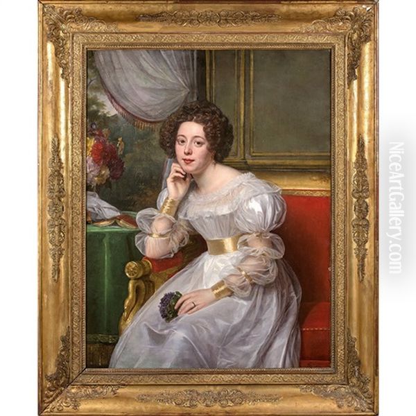 Portrait De Madame Demetz Dans Un Canape Rouge Oil Painting by Louis Hersent