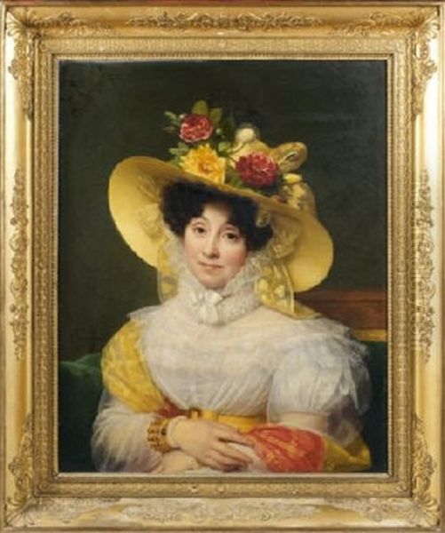 Portrait De Femme Au Chapeau De Paille Oil Painting by Louise Marie Jeanne Hersent