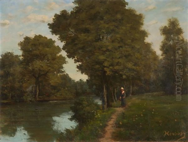 Bewaldete Flusslandschaft Mit Personenstaffage Oil Painting by Emile Antoine Francois Herson