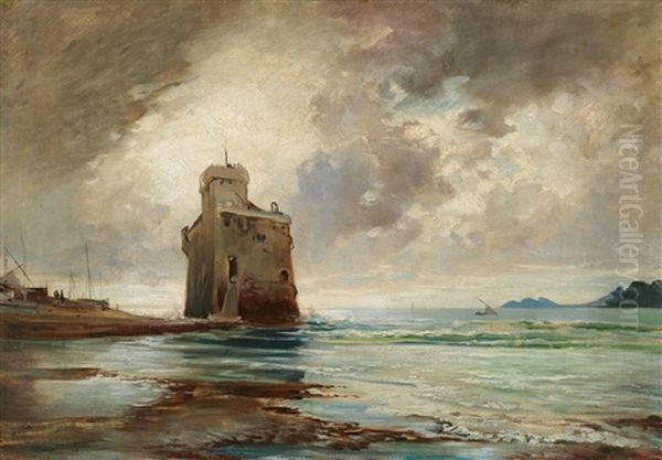 The Saracen Tower In The Bay Of Rapallo Oil Painting by Albert Hertel