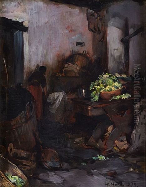 A Peasant Kitchen With A Washerwoman Oil Painting by Albert Hertel