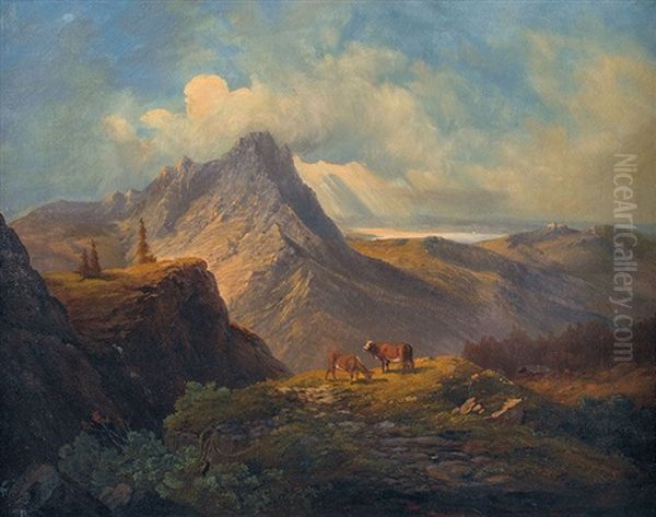 Stimmungsvolle Gebirgslandschaft Mit Kuhen Oil Painting by Albert Hertel