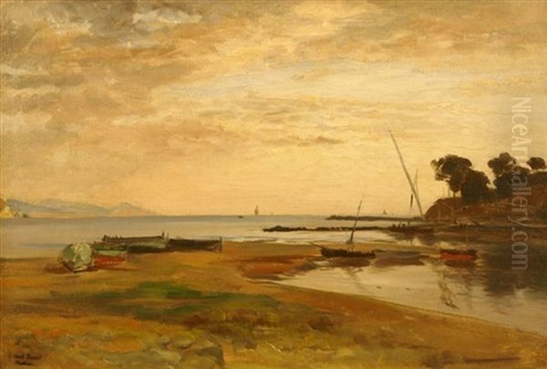 Kustenlandschaft Bei Ebbe Im Abendlicht. Im Vordergrund Trocken Aufliegende Sgelboote Oil Painting by Albert Hertel