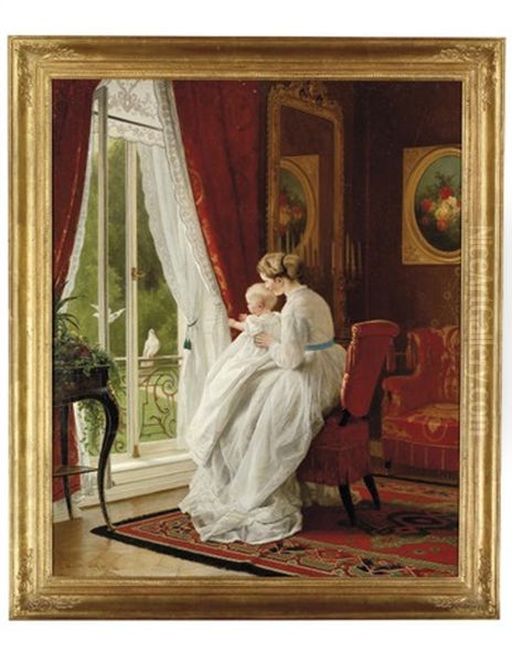 A Mother And Child Watching Doves At A Window by Carl Konrad Julius Hertel