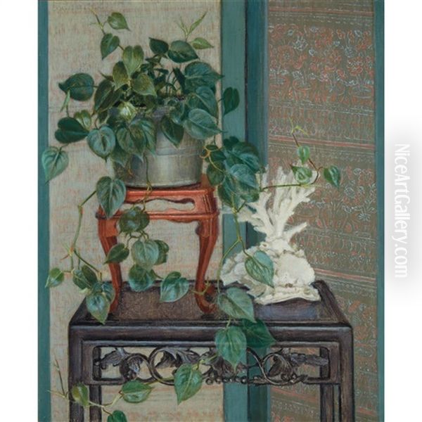 Still Life With Philodendrons And Coral Oil Painting by Adele Herter