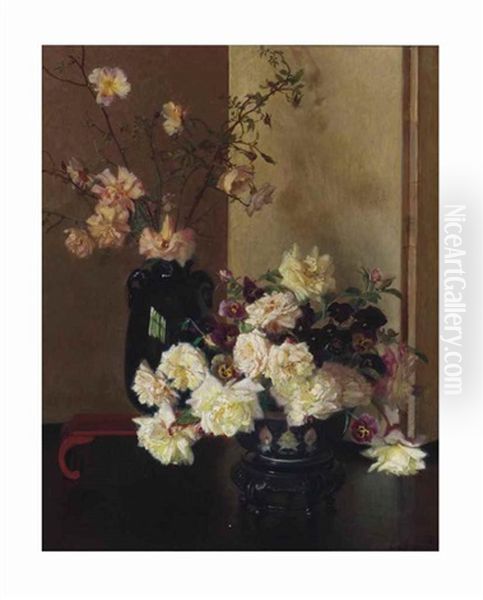 Still Life With An Ovoid Vase, A Famille Rose Punch Bowl And Roses Oil Painting by Albert Herter