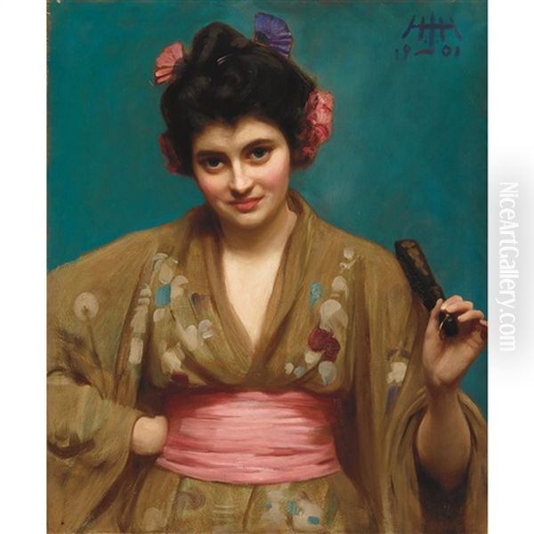 Woman Wearing A Kimono Oil Painting by Albert Herter