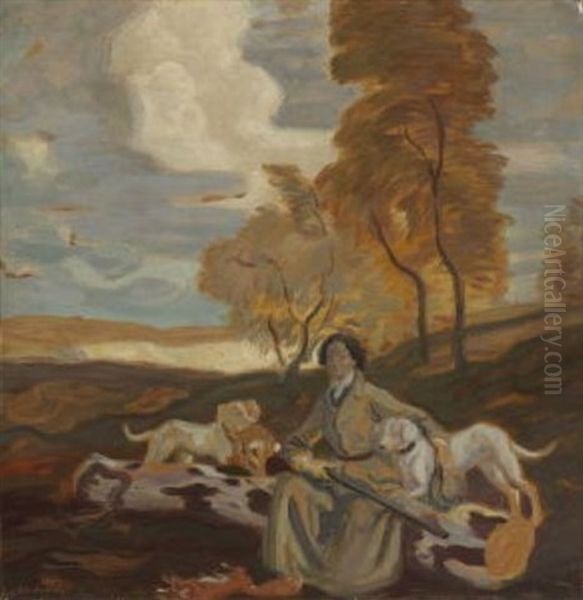 Dame Im Jagdkostum Mit Ihren Hunden In Herbstlicher Landschaft (+ Figure Study, Verso) Oil Painting by Ludwig Von Herterich