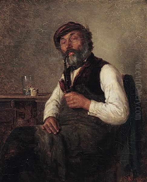 Sitzender Bartiger Handwerker Raucht Eine Pfeife Oil Painting by Wilhelm Jakob Hertling