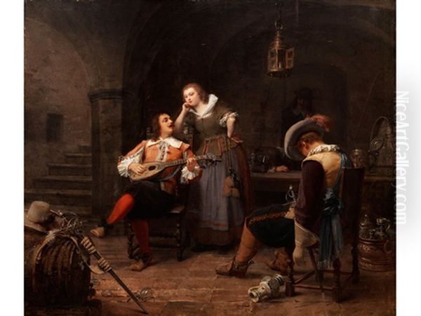 Der Lautenspieler Im Kellergewolbe Mit Junger Magd Und Schlafenden Kumpanen Oil Painting by Axel Gustav Hertzberg