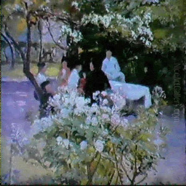 Autour De La Table Dans Le Jardin En Fleur Oil Painting by Jules-Alfred Herve-Mathe