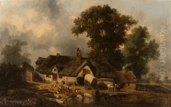 Farmyard Scene Oil Painting by Louis Adolphe Hervier