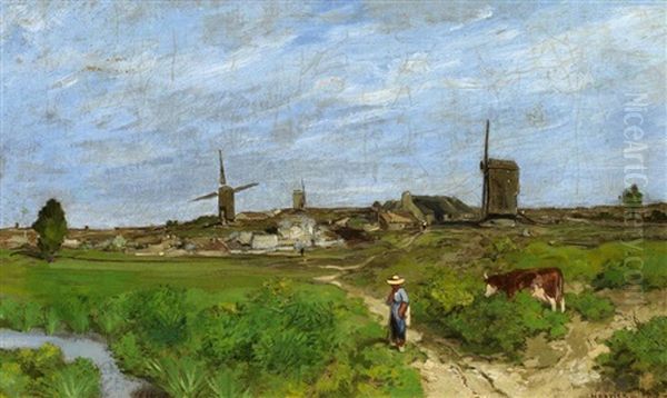 Weide Am Dorf Oil Painting by Louis Adolphe Hervier