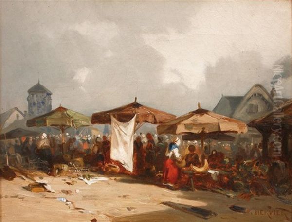 Scene De Marche En Normandie (honfleur?) Oil Painting by Louis Adolphe Hervier